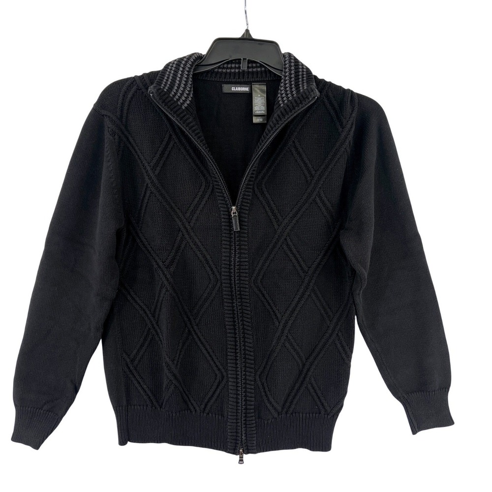 Claiborne Full Zip Cardigan M Black Diamond Cable Knit Mock Neck Quiet Luxury